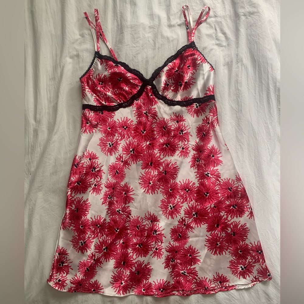 Floral print lace trim slip dress